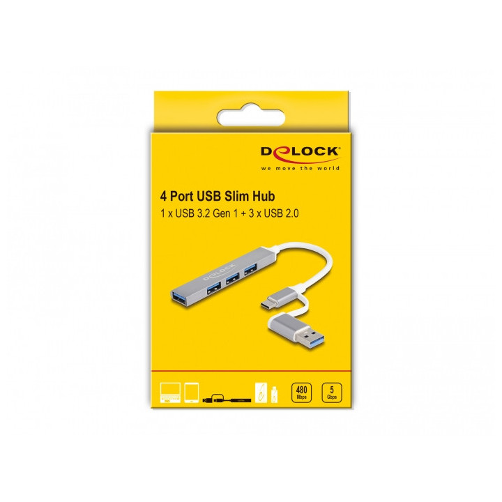 DeLOCK 64214 hub de interface USB 3.2 Gen 1 (3.1 Gen 1) Type-A + Type-C 5000 Mbit s Prateado