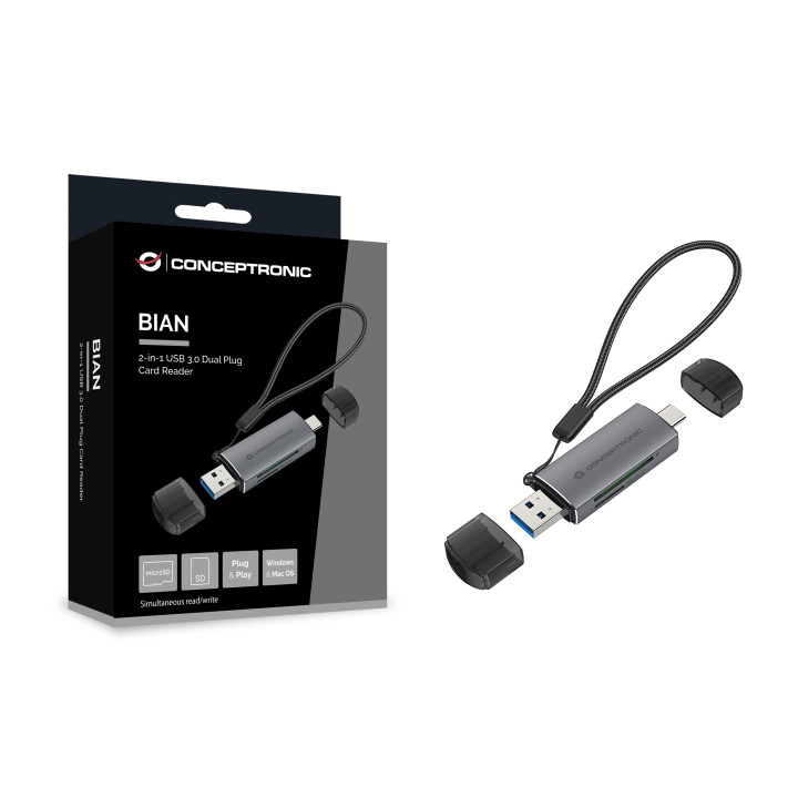 Conceptronic BIAN05G leitor de cartões USB 3.2 Gen 1 (3.1 Gen 1) Type-A Type-C Cinzento