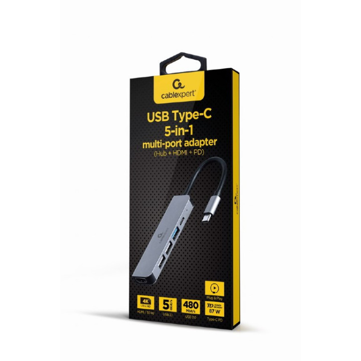 Gembird A-CM-COMBO5-03 base & duplicador de portas Com fios USB 3.2 Gen 1 (3.1 Gen 1) Type-C Prateado