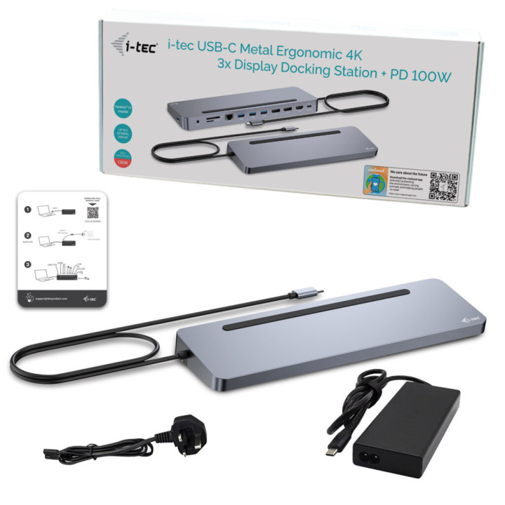 i-tec C31FLAT2PDPRO100W base & duplicador de portas Com fios USB 3.2 Gen 1 (3.1 Gen 1) Type-C Prateado