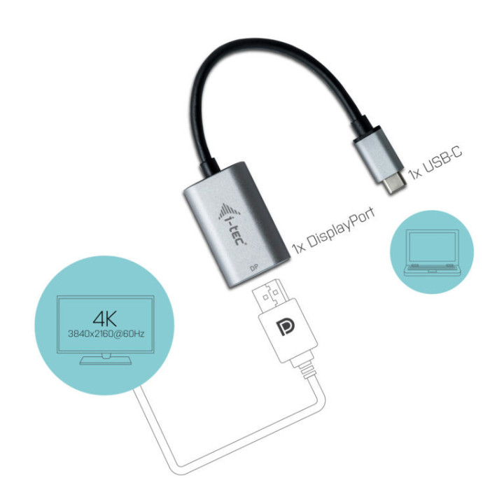 i-tec Metal C31METALDP60HZ adaptador de cabo de vídeo 0,15 m USB Type-C Display Port Cinzento, Turquesa