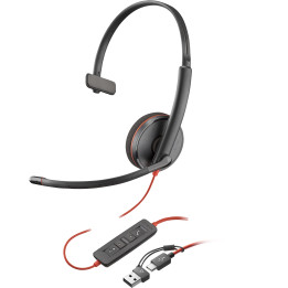 POLY Headset Monaural Blackwire 3210 com USB-C + Adaptador USB-C A