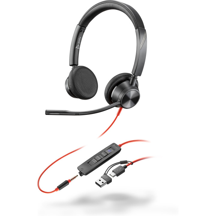 POLY Headset Estéreo Blackwire 3325 com USB-C certificado para Microsoft Teams + Conector de 3,5 mm + Adaptador USB-C A