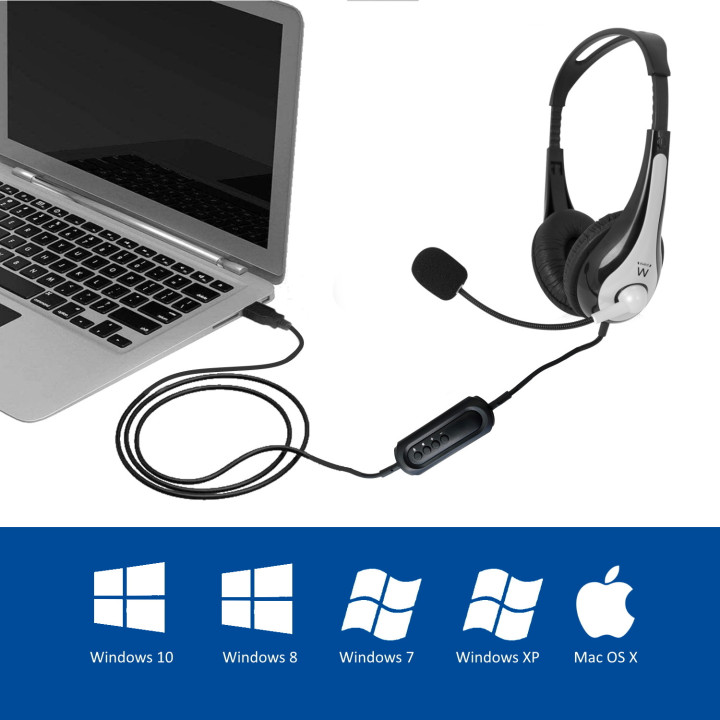 Ewent EW3565 auscultador Auscultadores Com fios Fita de cabeça Chamadas Música USB Type-A Preto, Branco