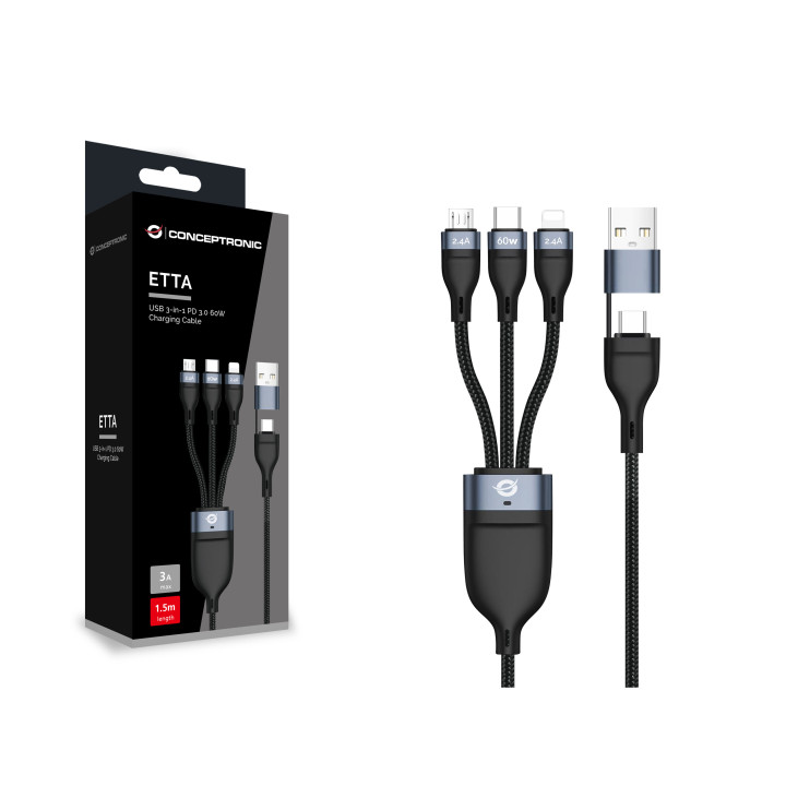 Conceptronic ETTA05B15 cabo USB USB 2.0 1,5 m USB C USB C Micro-USB B Lightning Preto
