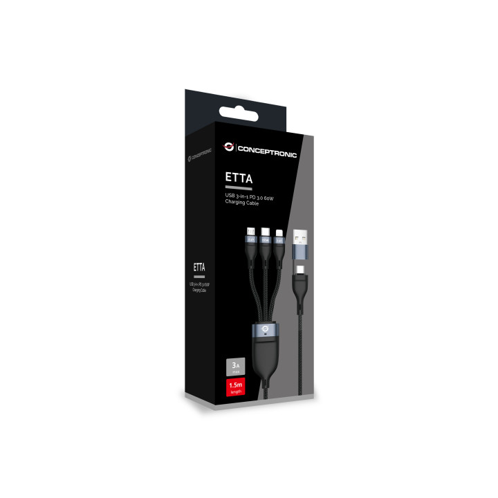 Conceptronic ETTA05B15 cabo USB USB 2.0 1,5 m USB C USB C Micro-USB B Lightning Preto