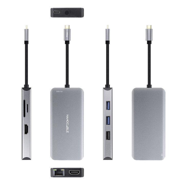 Nanocable 10.16.1009 base & duplicador de portas Com fios USB 3.2 Gen 1 (3.1 Gen 1) Type-C Cinzento
