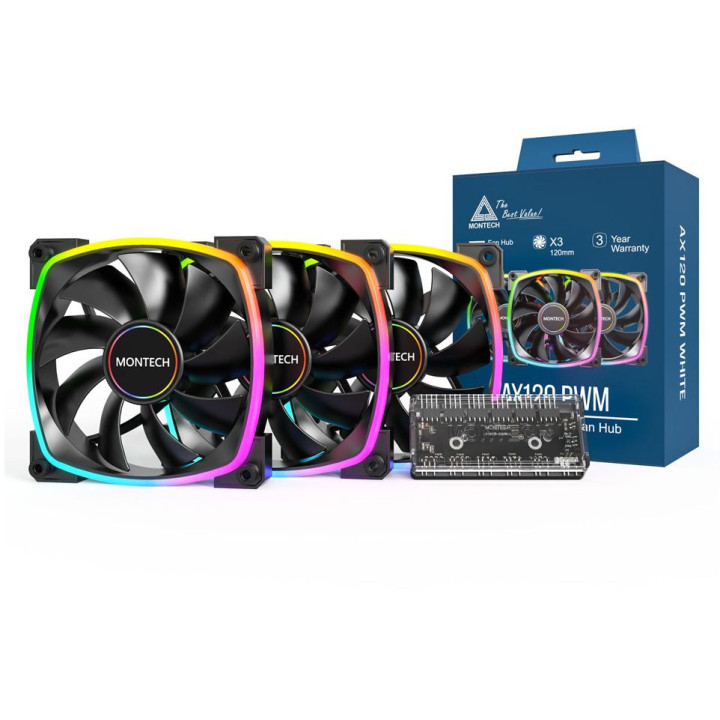 Ventoinha Montech AX120 PWM ARGB PWM 120mm Preto (Pack 3)