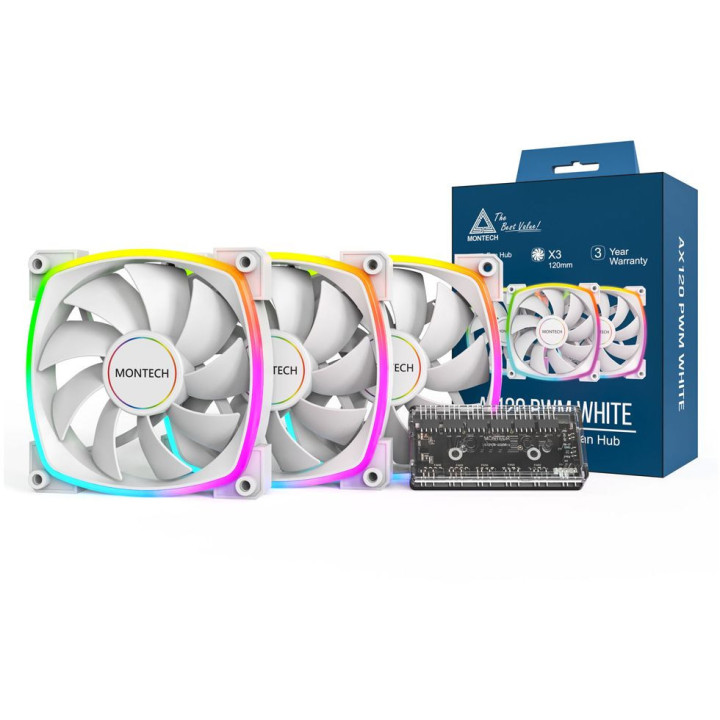 Ventoinha Montech AX120 PWM ARGB PWM 120mm Branco (Pack 3)