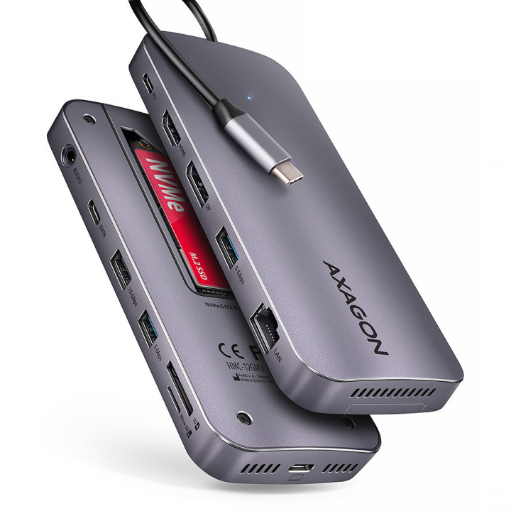 Axagon HMC-12GM2 base & duplicador de portas Com fios ROG XG Mobile + USB Type-C Cinzento