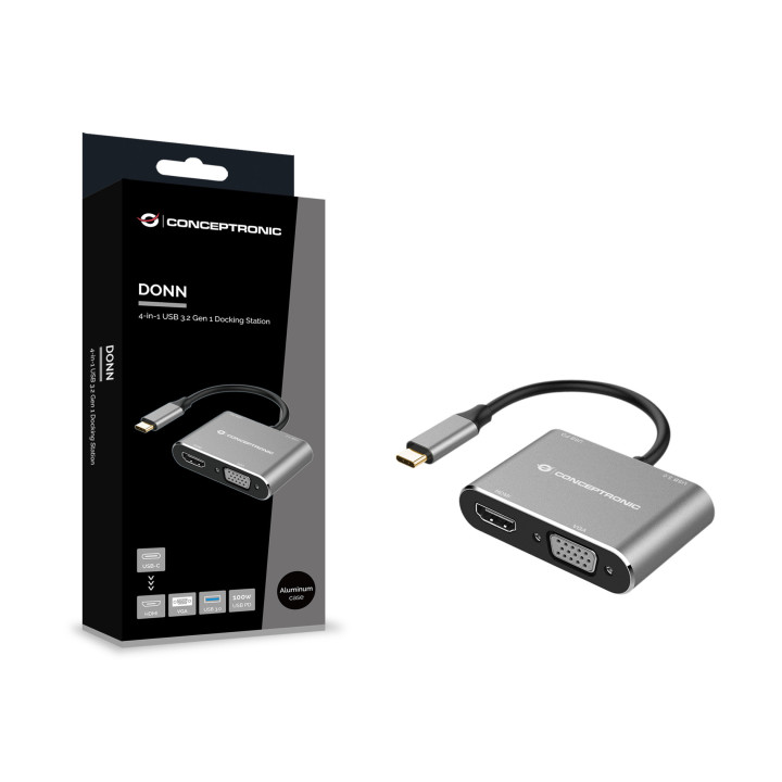 Conceptronic DONN16G base & duplicador de portas Com fios USB 3.2 Gen 1 (3.1 Gen 1) Type-C Preto, Prateado