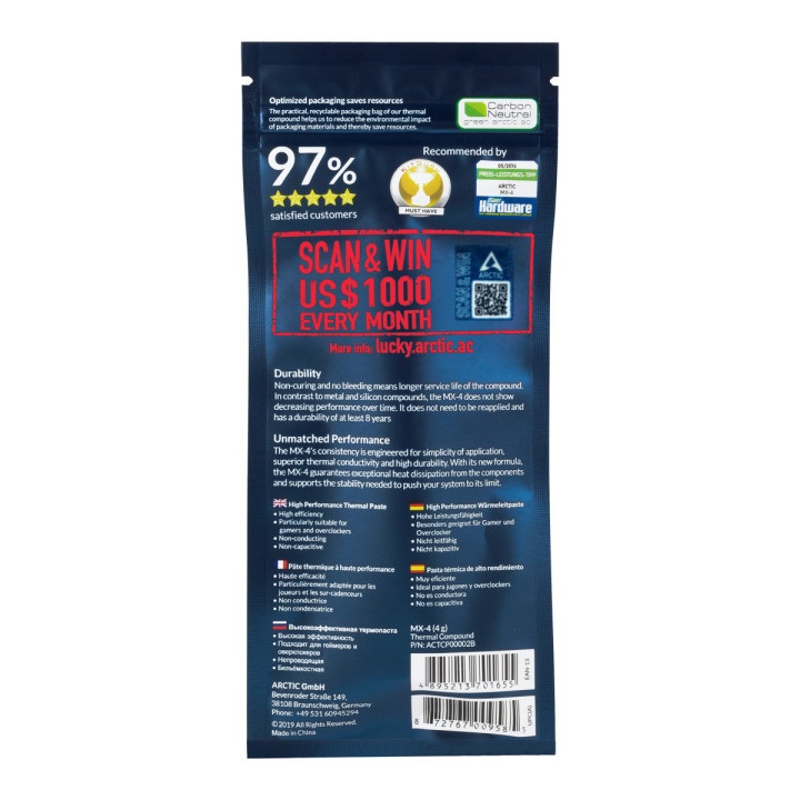 ARCTIC MX-4 pasta térmica Cola térmica 8,5 W m·K 4 g