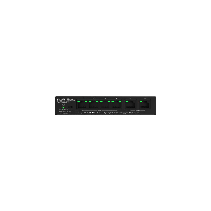 Ruijie Networks RG-ES106D-P V2 switch de rede Não-gerido Fast Ethernet (10 100) Power over Ethernet (PoE) Preto