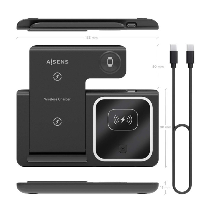 Carregador Wireless AISENS USB-C 3 em 1 de 15W para Telemóvel, Apple Watch, earbuds com caixa de carregamento, preto