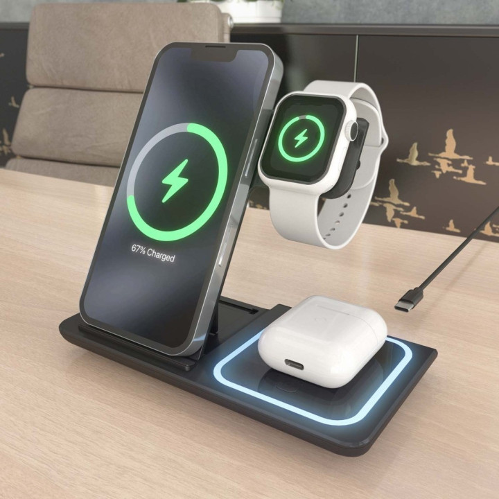 Carregador Wireless AISENS USB-C 3 em 1 de 15W para Telemóvel, Apple Watch, earbuds com caixa de carregamento, preto