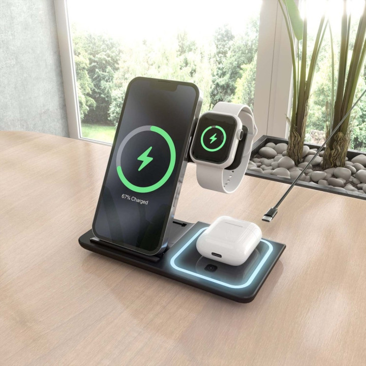 Carregador Wireless AISENS USB-C 3 em 1 de 15W para Telemóvel, Apple Watch, earbuds com caixa de carregamento, preto