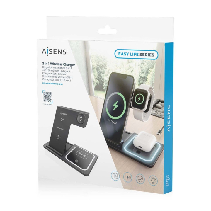 Carregador Wireless AISENS USB-C 3 em 1 de 15W para Telemóvel, Apple Watch, earbuds com caixa de carregamento, preto