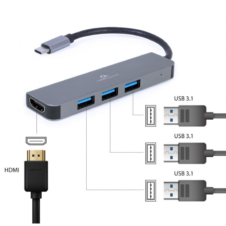 Docking Station Gembird A-CM-COMBO2-01 USB Type-C 2-in-1 multi-port (Hub + HDMI) Cinzento
