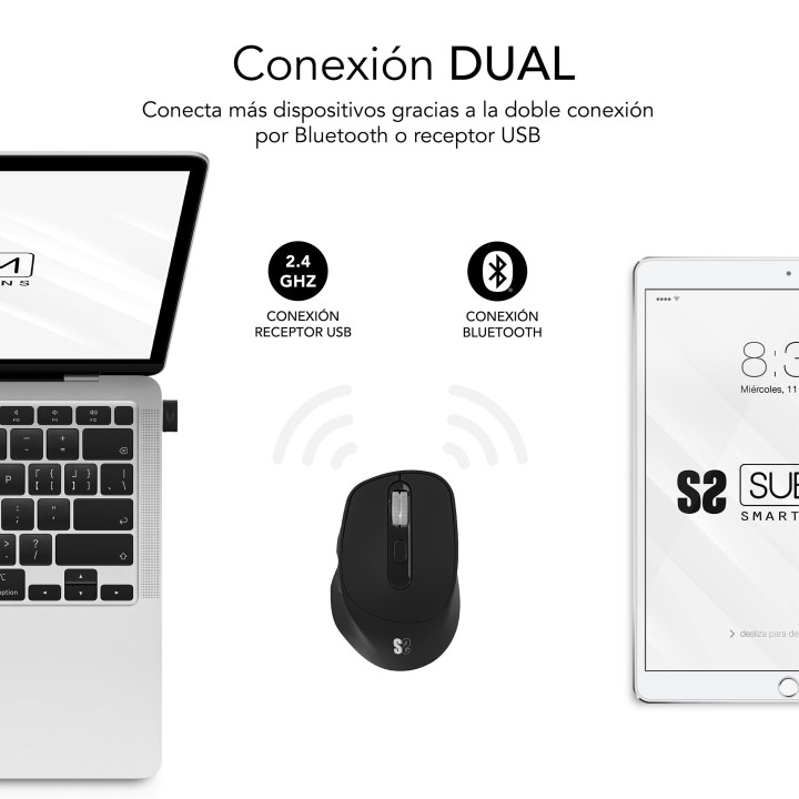 SUBBLIM RATON OPTICO DUAL COMFORT ERGO DUAL BATERIA NEGRO rato Universal Mão direita Bluetooth + USB Type-A Ótico 2400 DPI