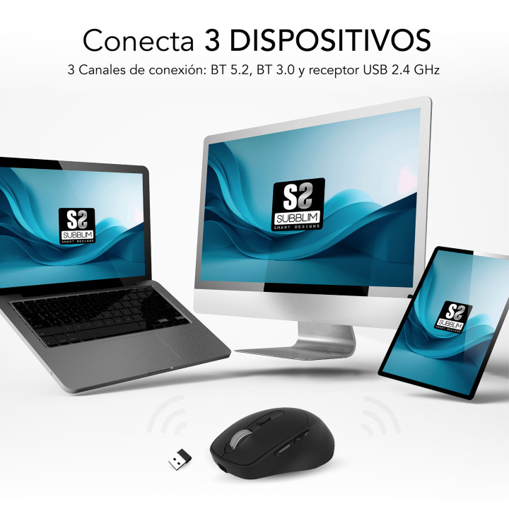 SUBBLIM RATON OPTICO DUAL COMFORT ERGO DUAL BATERIA NEGRO rato Universal Mão direita Bluetooth + USB Type-A Ótico 2400 DPI
