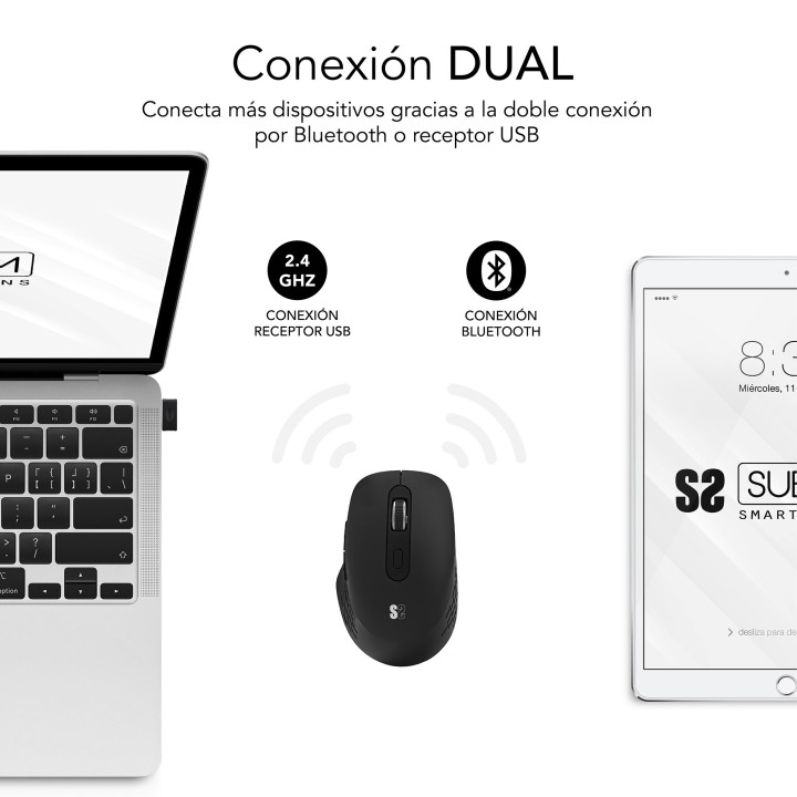 SUBBLIM SUBMO-EDCUR01 rato Universal Mão direita Bluetooth + USB Type-A Ótico 1600 DPI