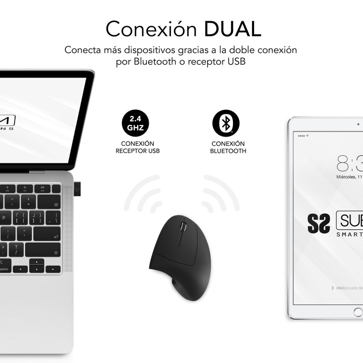 SUBBLIM RATON OPTICO DUAL GLIDE VERTICAL ERGO DUAL BATERIA NEGRO rato Universal Mão direita Bluetooth + USB Type-A Ótico 1600
