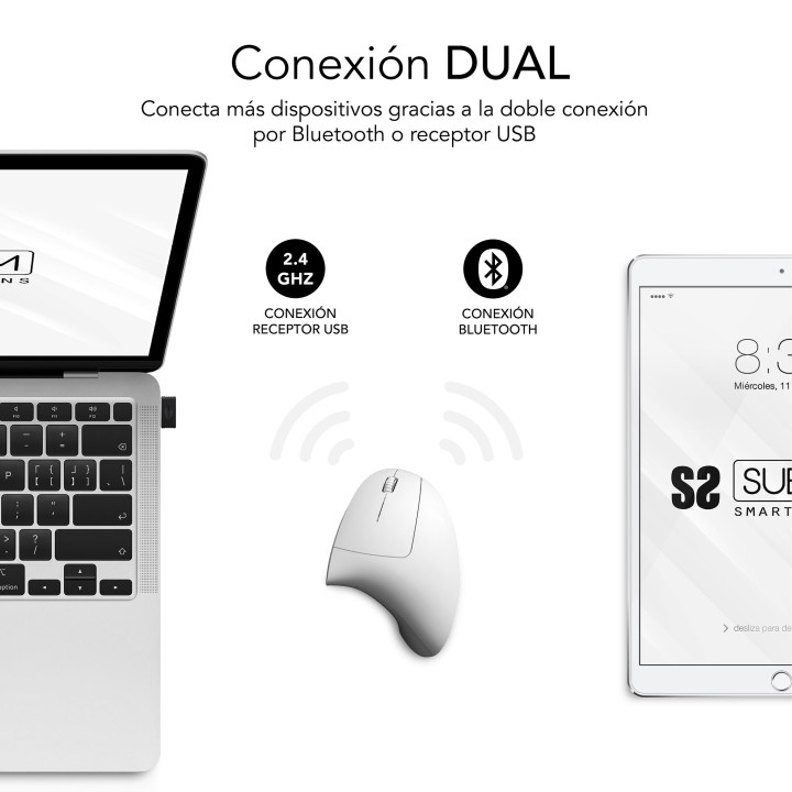 SUBBLIM RATON OPTICO DUAL GLIDE VERTICAL ERGO DUAL BATERIA BLANCO rato Universal Mão direita Bluetooth + USB Type-A Ótico 1600