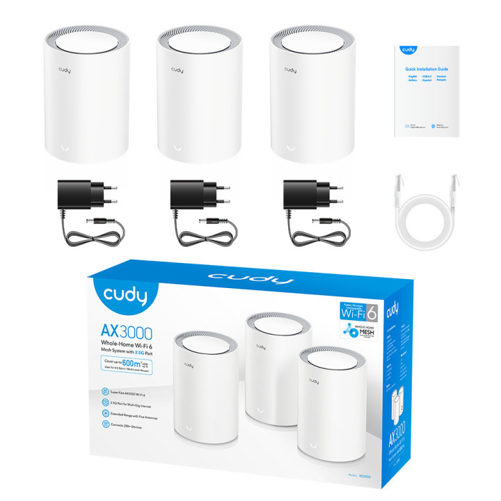 Cudy M3000 3-PACK sistema de Wi-Fi Mesh Dual-band (2,4 GHz   5 GHz) Wi-Fi 6 (802.11ax) Cinzento, Branco 1 Interno