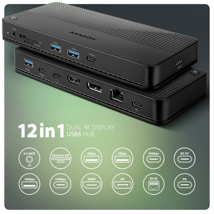 Axagon HMC-U4 base & duplicador de portas Com fios USB4 Preto