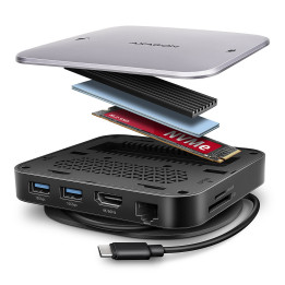 Axagon HMC-UFO USB-C Hub M.2 SATA NVMe 1 Gbit s Ethernet 384 kHz Audio Com fios USB 3.2 Gen 2 (3.1 Gen 2) Type-C Preto