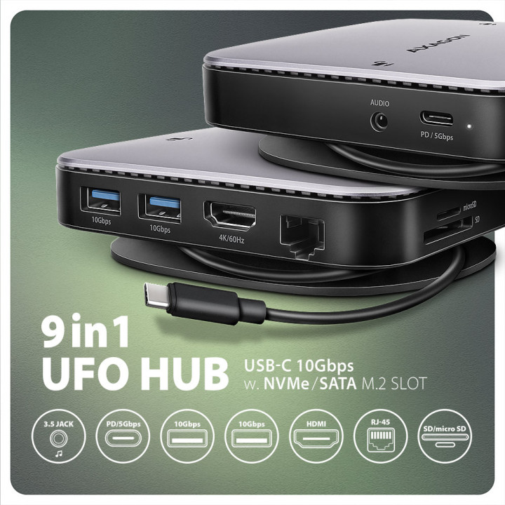 Axagon HMC-UFO USB-C Hub M.2 SATA NVMe 1 Gbit s Ethernet 384 kHz Audio Com fios USB 3.2 Gen 2 (3.1 Gen 2) Type-C Preto
