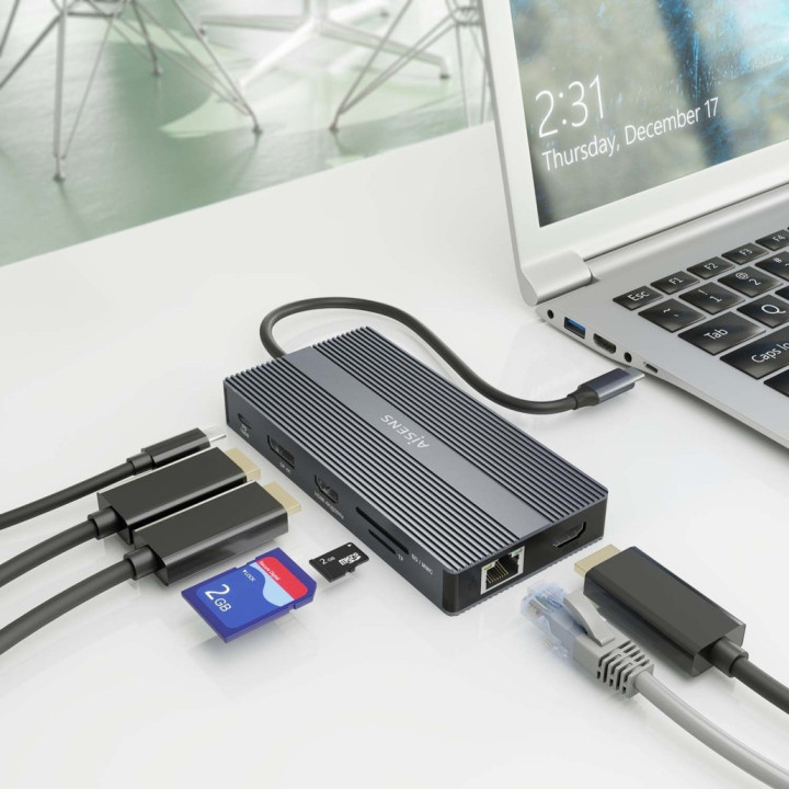 Dock AISENS USB-C 12 em 1, USB-C p/ 2xHDMI, 1xDisplayport, 1xRJ45,