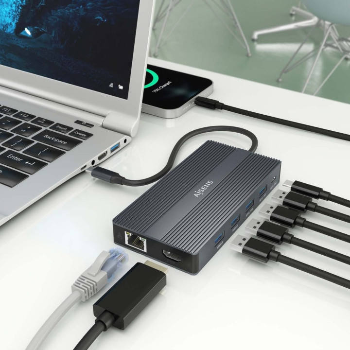 Dock AISENS USB-C 12 em 1, USB-C p/ 2xHDMI, 1xDisplayport, 1xRJ45,