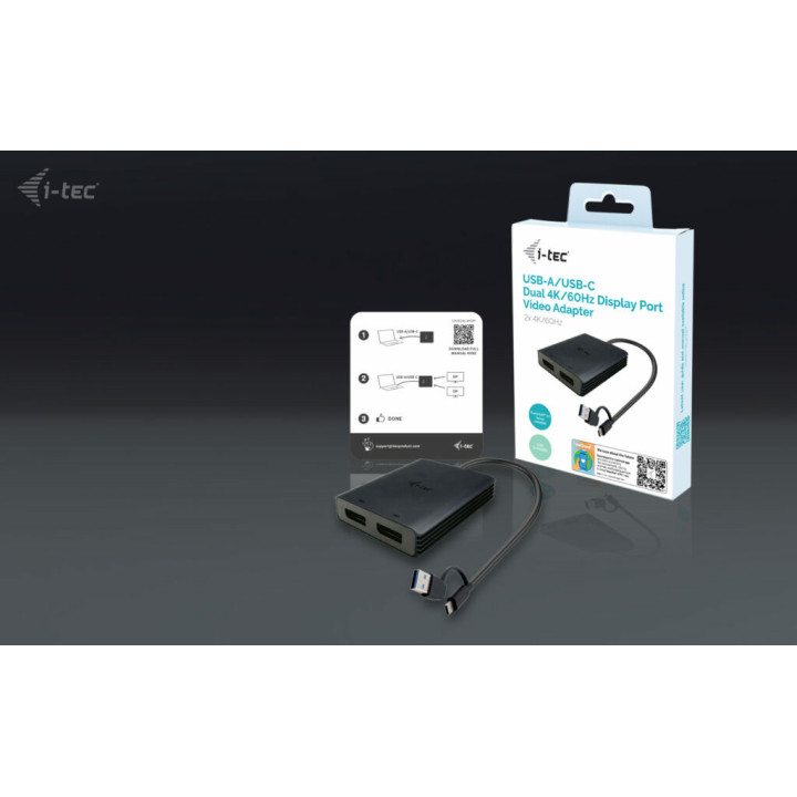 i-tec CADUAL4KDP adaptador de cabo de vídeo 0,27 m USB Type-A USB Type-C 2 x DisplayPort Preto