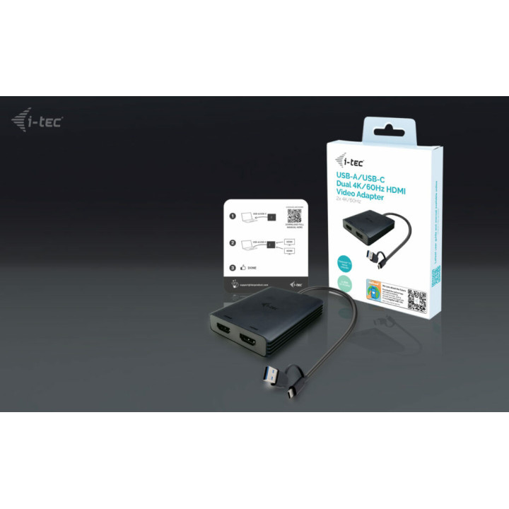 i-tec CADUAL4KHDMI adaptador de cabo de vídeo 0,27 m USB Type-A USB Type-C 2 x HDMI Preto