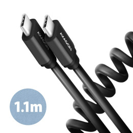Axagon Data and charging USB 2.0 cable 1.1 m long. PD 60W, 3A. Black twisted. cabo USB 1,1 m USB C Preto
