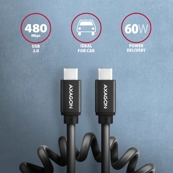 Axagon Data and charging USB 2.0 cable 1.1 m long. PD 60W, 3A. Black twisted. cabo USB 1,1 m USB C Preto