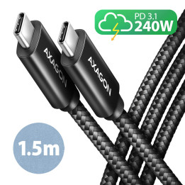 Axagon BUCM2-CM15AB Ladekabel USB-C zu USB-C 2.0, 1,5 m, PD 240 W 5 A, ALU - Schwarz - 1,5 Meter langes USB-C zu USB-C Kabel