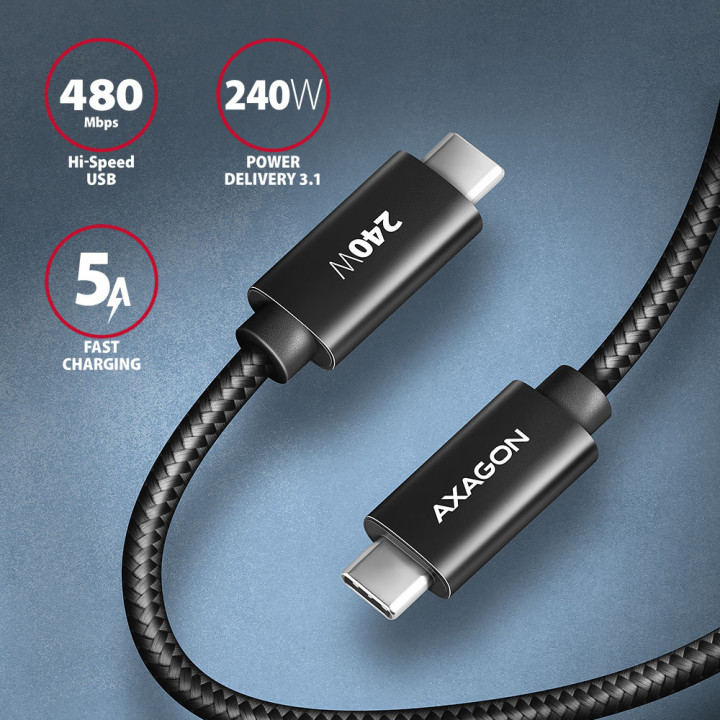 Axagon BUCM2-CM15AB Ladekabel USB-C zu USB-C 2.0, 1,5 m, PD 240 W 5 A, ALU - Schwarz - 1,5 Meter langes USB-C zu USB-C Kabel