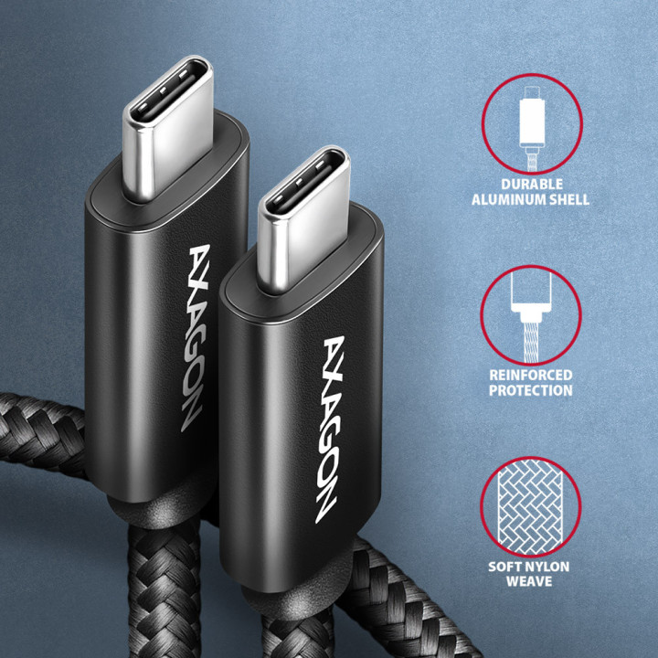 Axagon BUCM2-CM15AB Ladekabel USB-C zu USB-C 2.0, 1,5 m, PD 240 W 5 A, ALU - Schwarz - 1,5 Meter langes USB-C zu USB-C Kabel