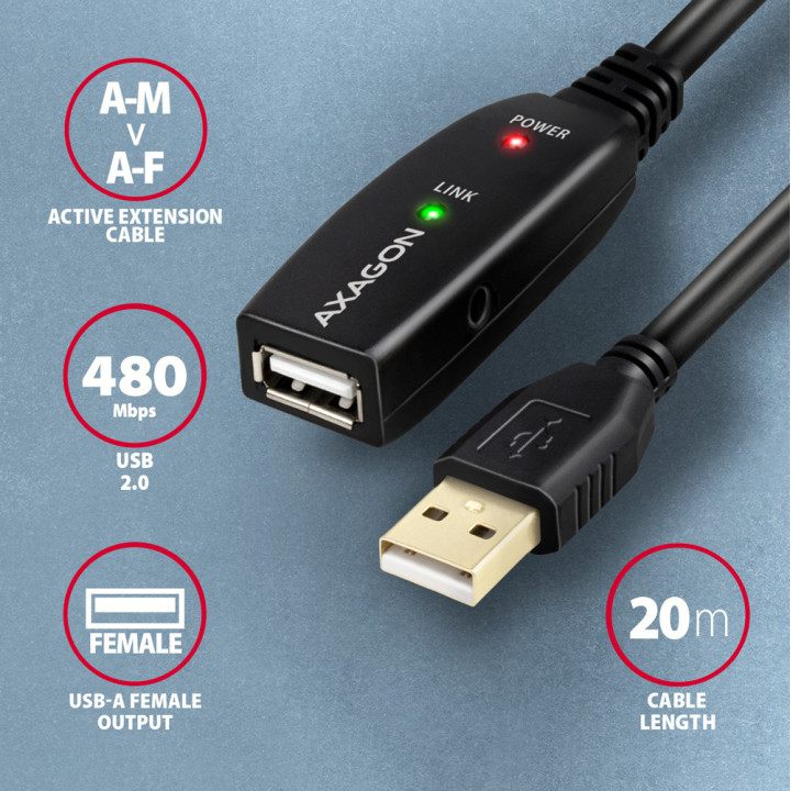Axagon ADR-220 USB 2.0 A-M - A-F active extension repeater cable 20m - Kabel - Digital Daten cabo USB USB A Preto