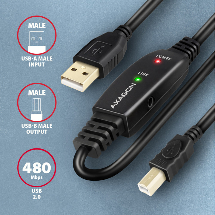 Axagon ADR-220B USB 2.0 A-M - B-M active connecting repeater cable 20m - Kabel - Digital Daten cabo USB USB A USB B Preto
