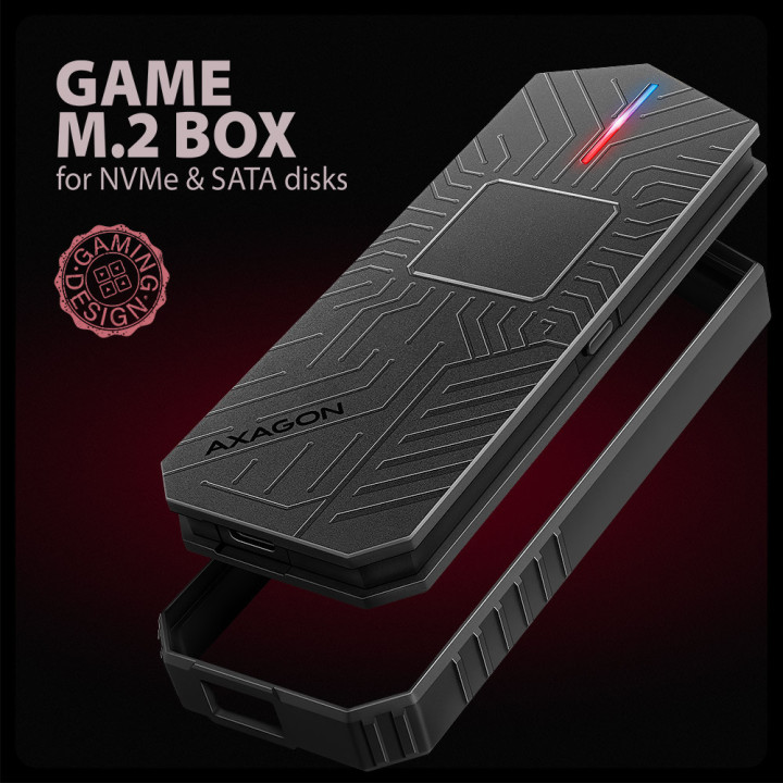 Axagon EEM2-GAM, USB-C 10Gbps - NVMe & SATA SSD GAME M.2 box, bezšroubkový Compartimento SSD Preto