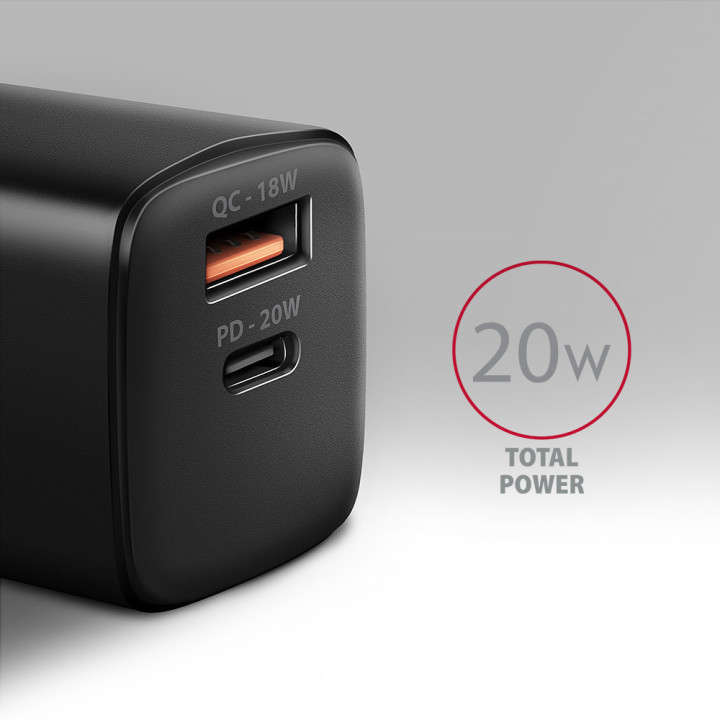 Axagon ACU-PQ20 wall charger QC3.0 AFC FCP+ PD type-C 20 W - schwarz - USB Typ C Telemóvel, Smartphone, Smartwatch, Tablet,