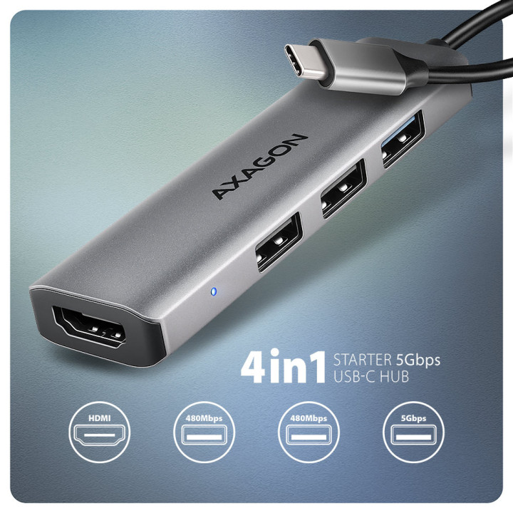 Axagon HMC-H3A base & duplicador de portas Com fios USB 3.2 Gen 1 (3.1 Gen 1) Type-C Prateado