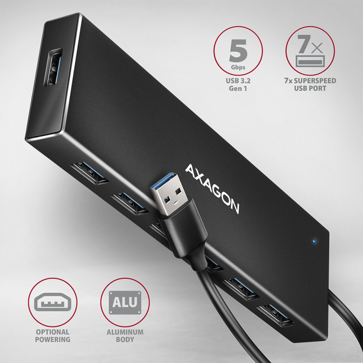 Axagon HUE-F7A 7x USB 3.2 Gen 1 ALU FLAT hub micro power IN 1m USB-A USB 3.2 Gen 1 (3.1 Gen 1) Type-A 5000 Mbit s Preto