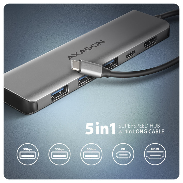 Axagon HMC-5H USB-C 3.2 Gen 1 hub 3x USB-A 4K HDMI PD 100W - Silber Com fios USB 3.2 Gen 1 (3.1 Gen 1) Type-C Prateado