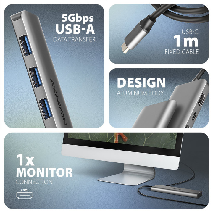 Axagon HMC-5H USB-C 3.2 Gen 1 hub 3x USB-A 4K HDMI PD 100W - Silber Com fios USB 3.2 Gen 1 (3.1 Gen 1) Type-C Prateado