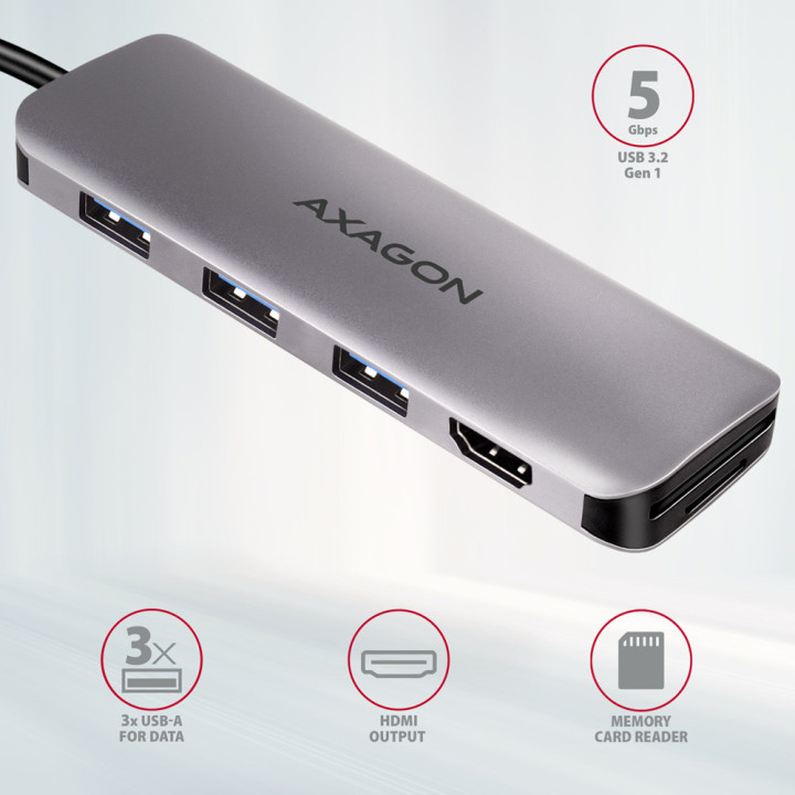 Axagon HMC-HCR3A 3x USB-A+ HDMI+ SD microSD USB-C 3.2 Gen 1 hub 20cm Com fios USB 3.2 Gen 1 (3.1 Gen 1) Type-A Cinzento