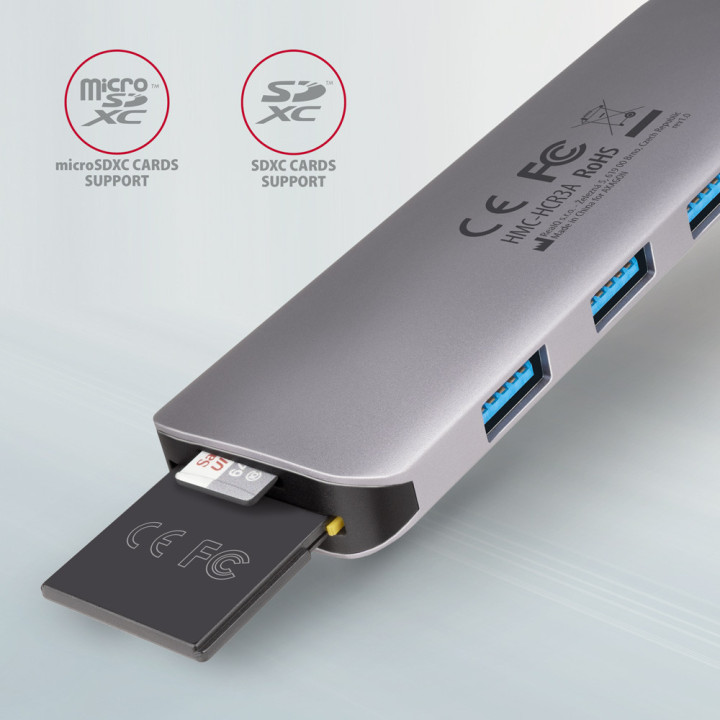 Axagon HMC-HCR3A 3x USB-A+ HDMI+ SD microSD USB-C 3.2 Gen 1 hub 20cm Com fios USB 3.2 Gen 1 (3.1 Gen 1) Type-A Cinzento